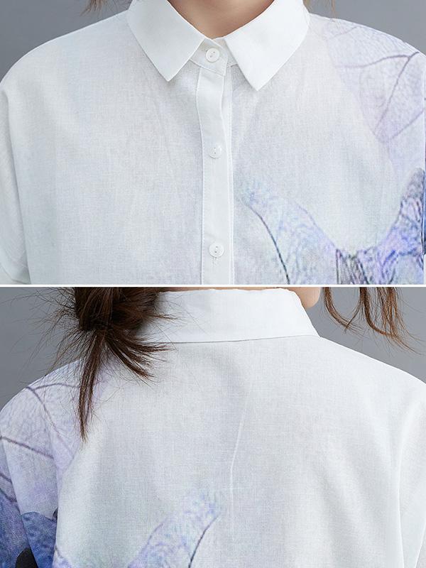 Artistic Retro Floral Printed Buttoned Lapel Collar Short Sleeves Midi Shirt Dress Product Image