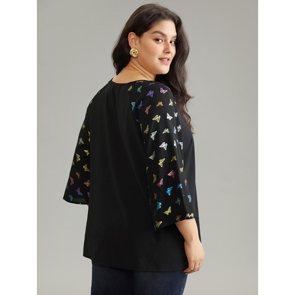 Plus Size Black Glitter Butterfly Flutter Raglan Sleeve Blouse Women Elegant Elbow-length sleeve V-neck Party Blouses BloomChic 18-20/2X Product Image