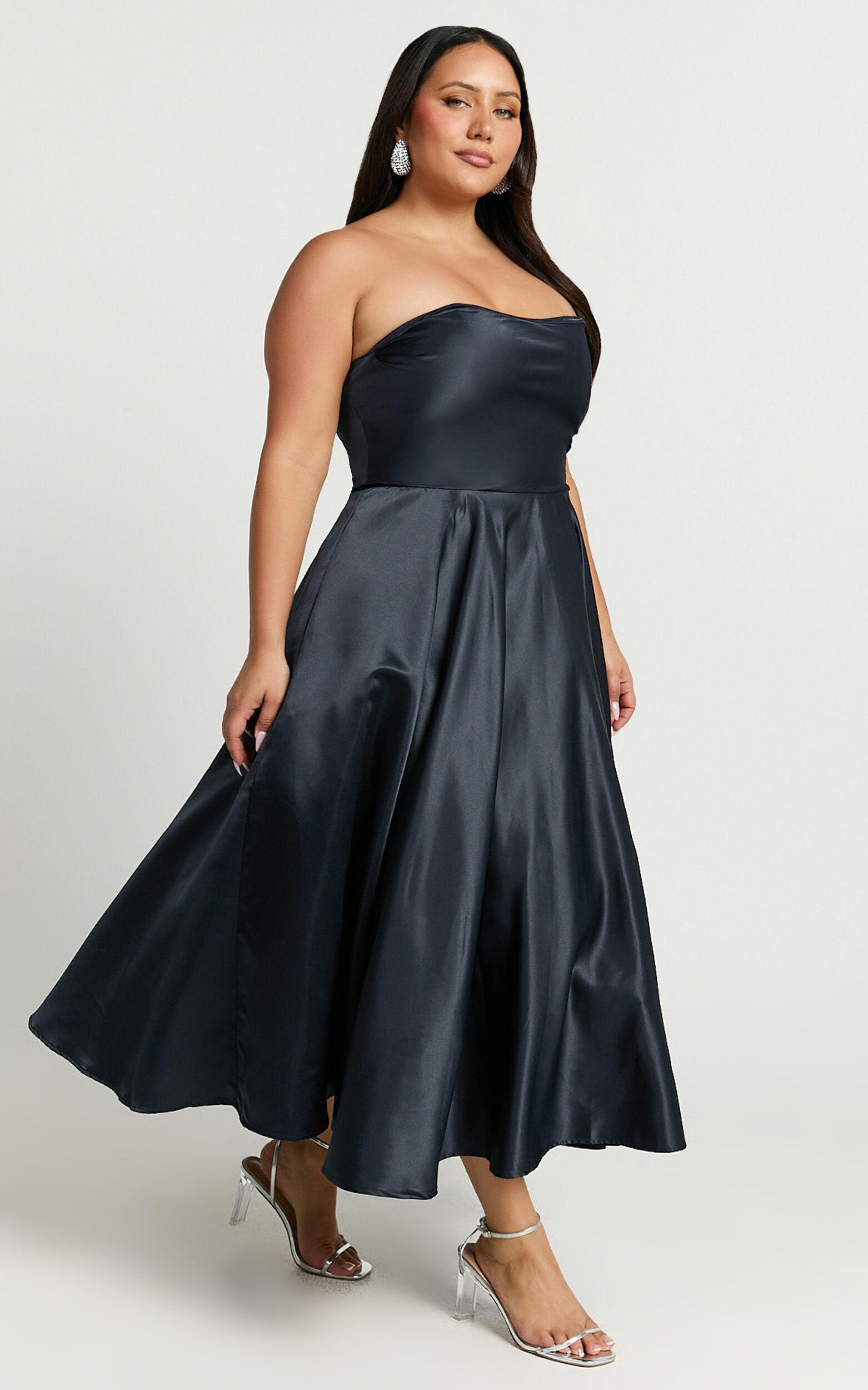 Helaina Midi Dress - Strapless A-Line Satin Dress in Navy Product Image