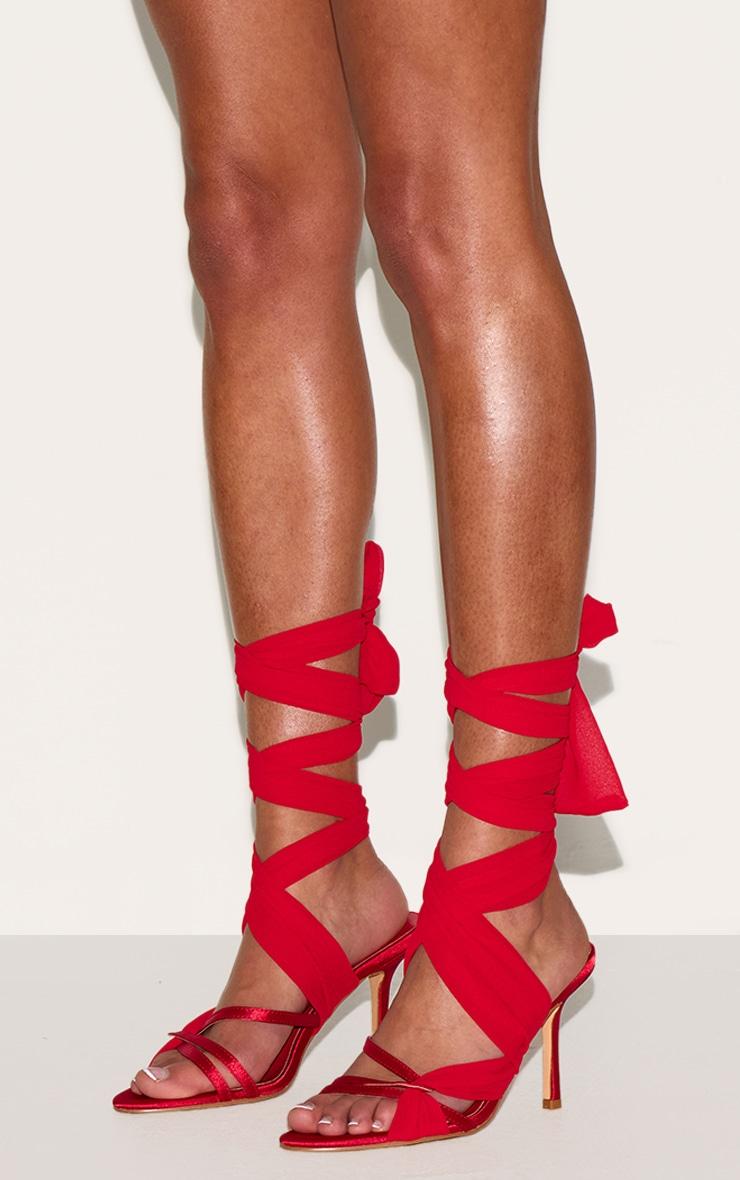 Red Satin Round Toe Lace Up Ribbon High Heeled Sandals Product Image
