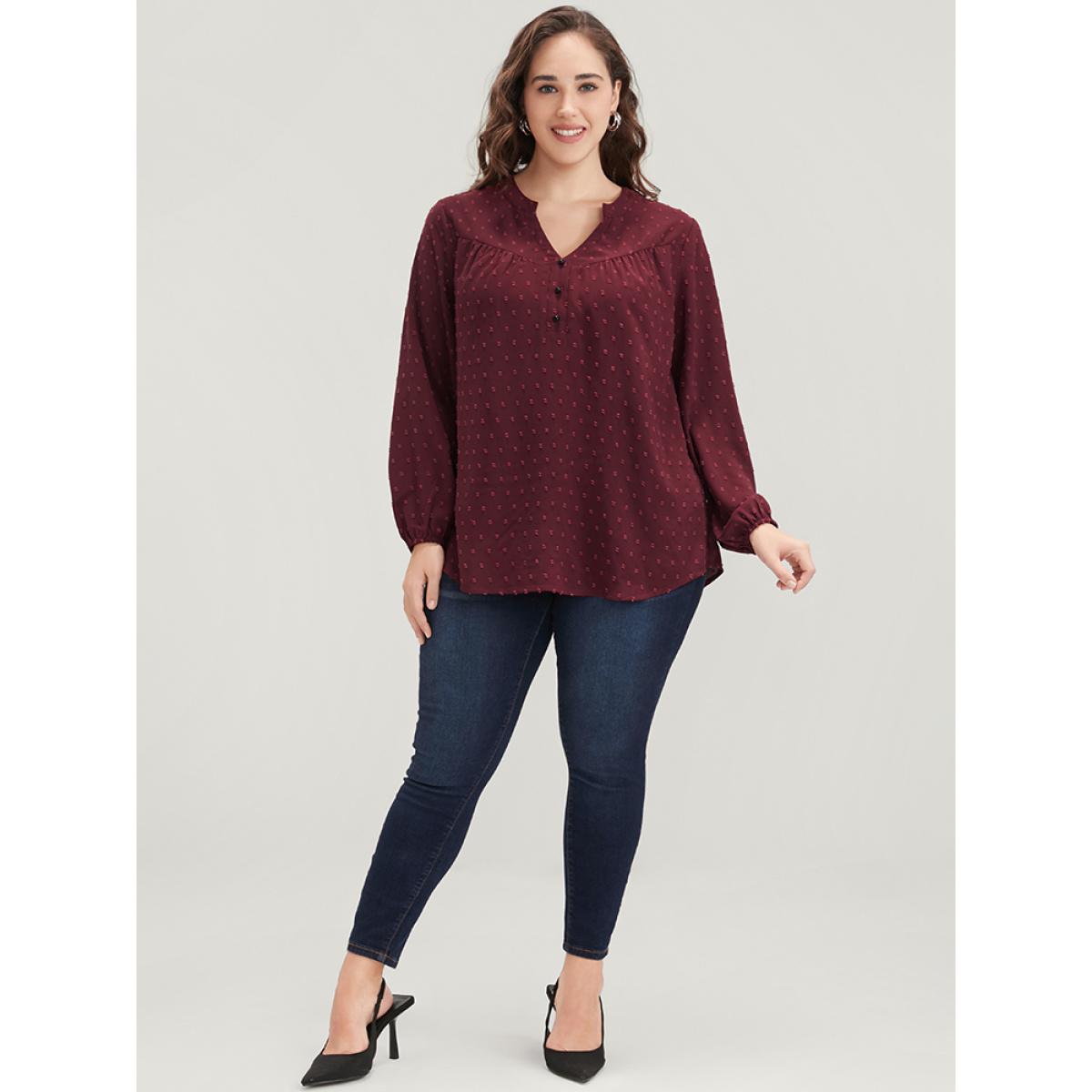 Plus Size Burgundy Polka Dot Button Detail Lantern Sleeve Arc Hem Blouse Women Office Long Sleeve V-neck Work Blouses BloomChic 10/M Product Image