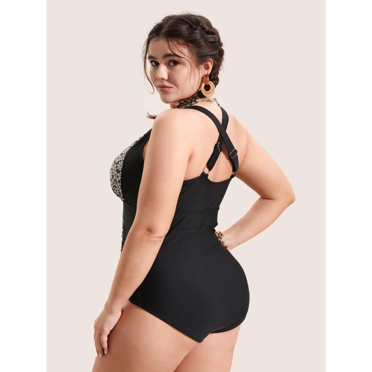 Plus Size Overlap Collar Boho Print Patchwork One Piece Swimsuit Women's Swimwear Black Beach Gathered Curve Bathing Suits High stretch One Pieces BloomChic 30/6X Product Image