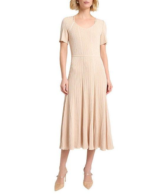 MISOOK Ribbed Soft Knit V-Neck Short Sleeve Fit-And-Flare Midi Dress Product Image
