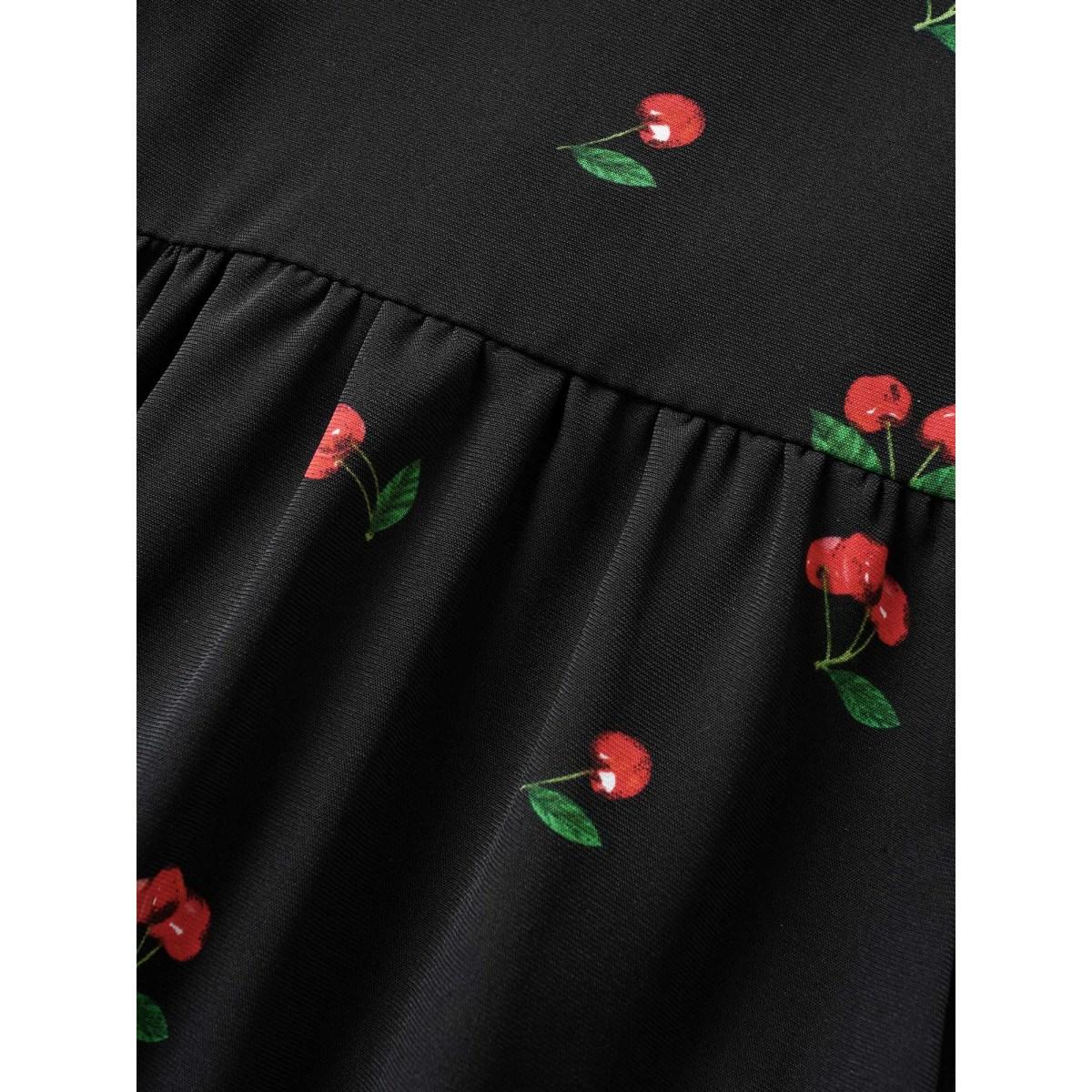 Plus Size Citrus Fruit Print Heart Neckline Drawstring Pleated Dress Black Women Elegant Pleated Heart neckline Short sleeve Curvy Midi Dress BloomChic 22-24/3X Product Image