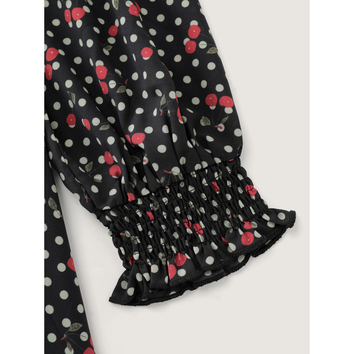 Plus Size Polka Dots Cherry Shirred Bodice Knee Dress Black Women Romantic Square Neck Extra Long Sleeve Curvy BloomChic 12/L Product Image