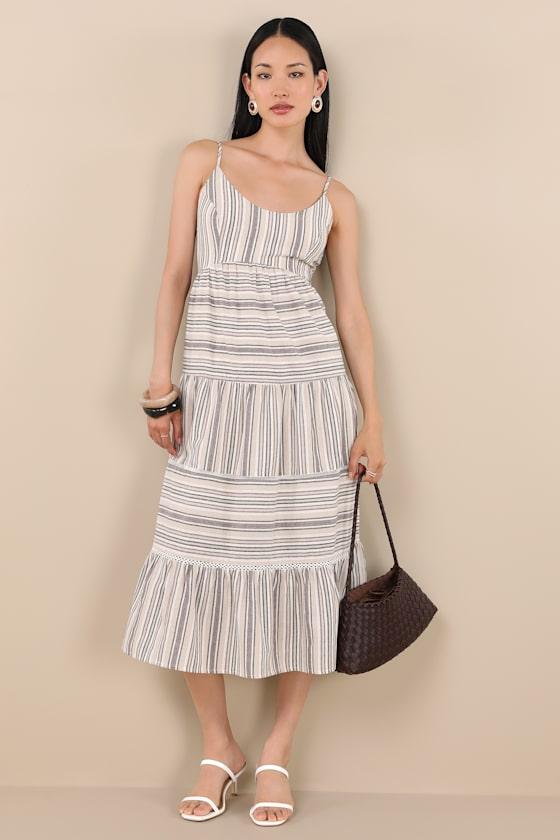 Journi Taupe Striped Tiered Midi Dress Product Image