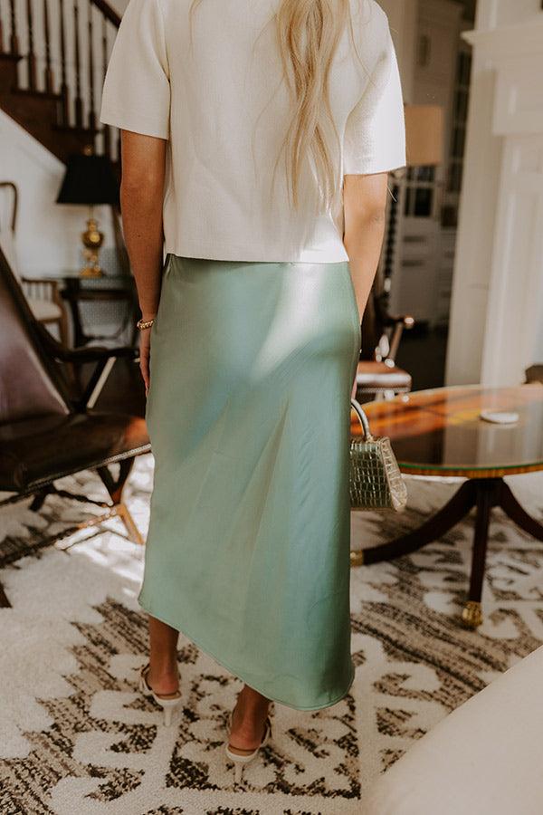 The Adeline High Waist Satin Midi Skirt in Sage Product Image