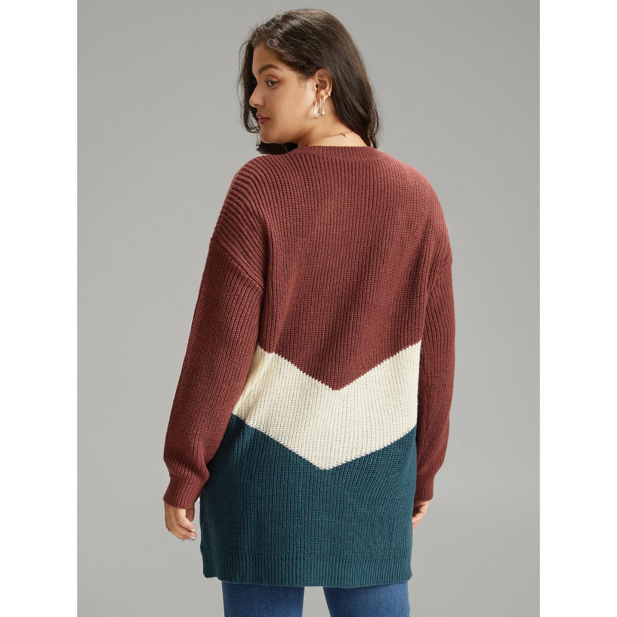 Plus Size Colorblock Contrast Elastic Cuffs Pullover Multicolor Women Casual Loose Long Sleeve Round Neck Dailywear Pullovers BloomChic 12/L Product Image