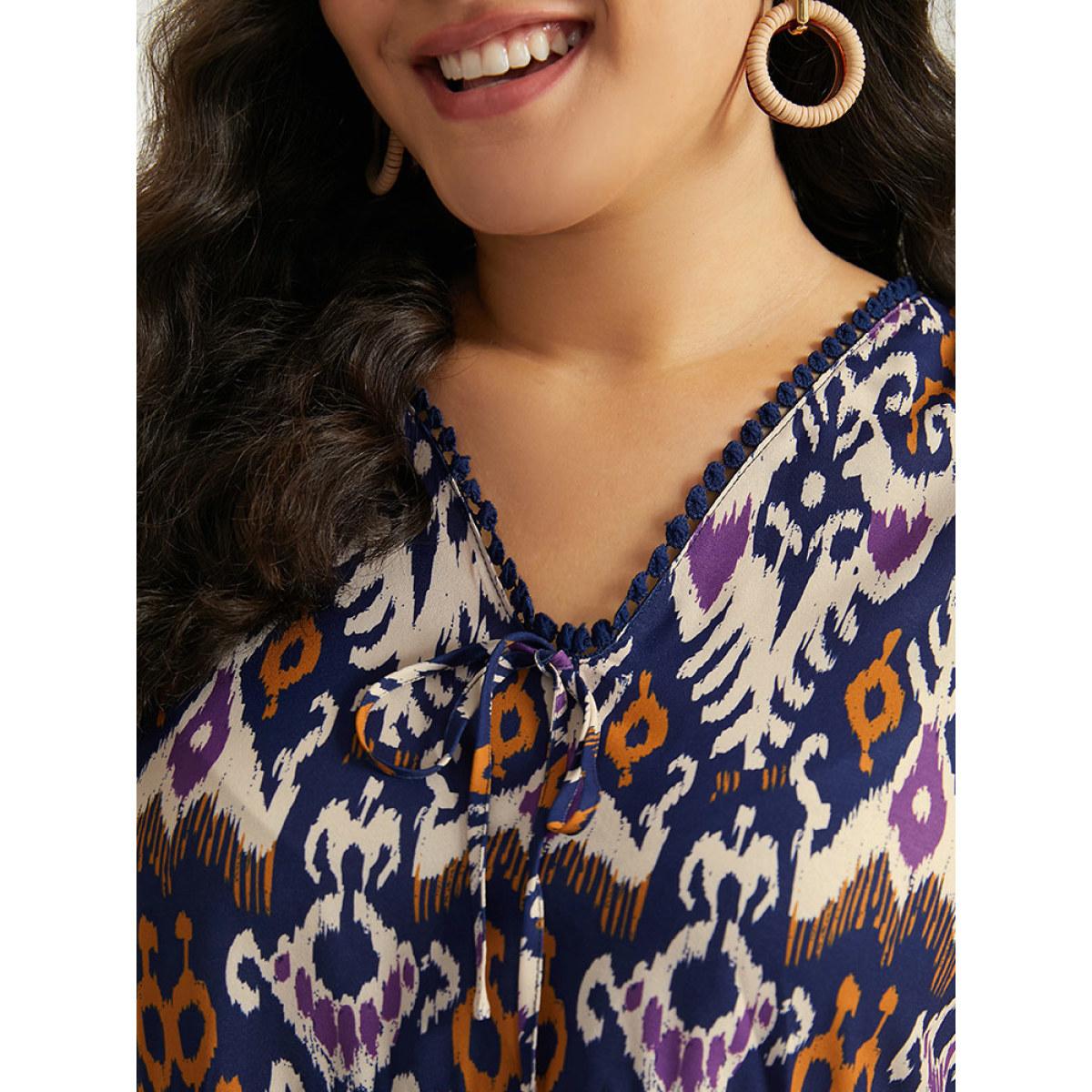 Plus Size Blue Bandana Print Ties Pompom Trim Blouse Women Vacation Elbow-length sleeve V-neck Dailywear Blouses BloomChic 14-16/1X Product Image