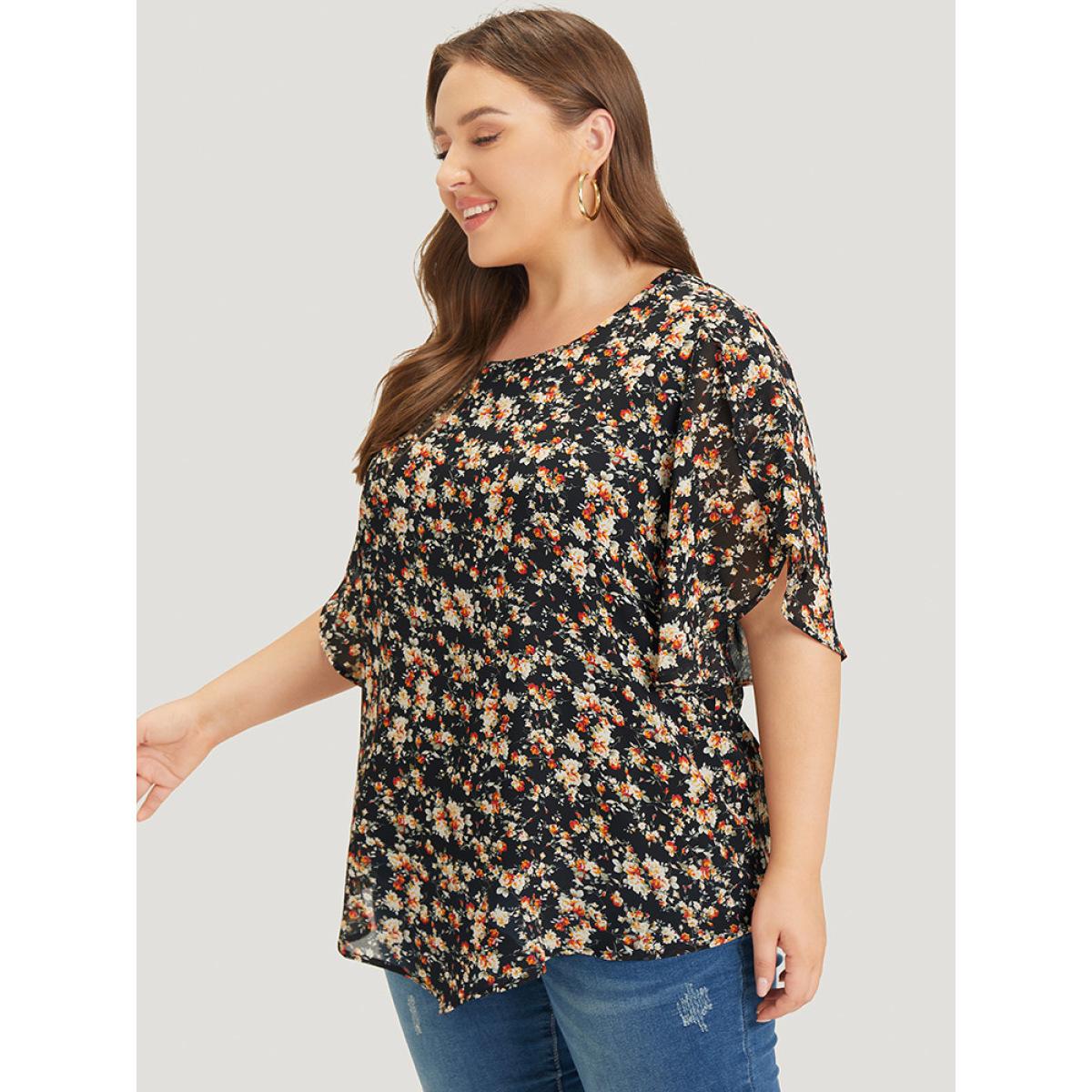 Plus Size Black Ditsy Floral Split Petal Sleeve Crew Neck Blouse Women Elegant Short sleeve Round Neck Dailywear Blouses BloomChic 14-16/1X Product Image