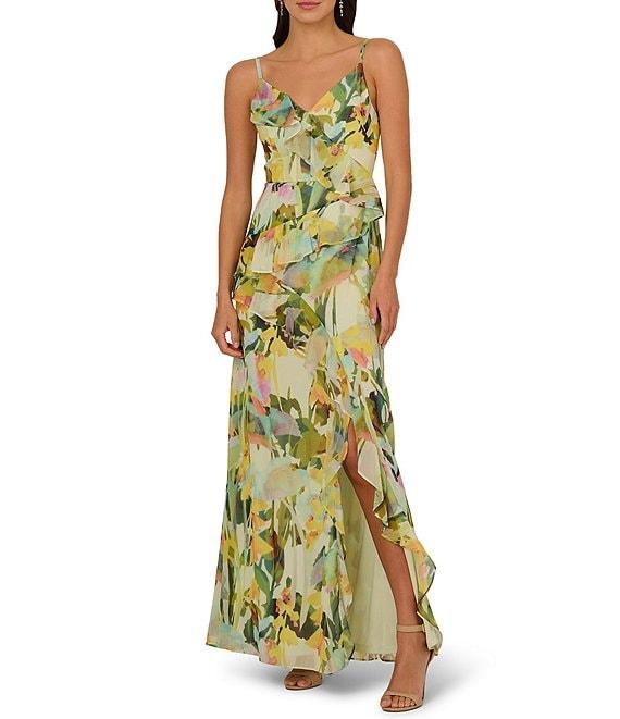Adrianna Papell Chiffon Floral Print Ruffle V-Neck Sleeveless Ruffle Fit and Flare Gown Product Image