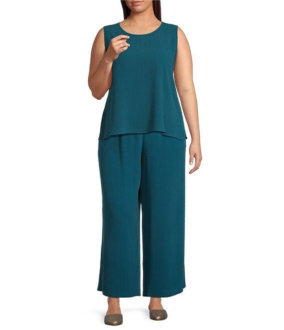 Eileen Fisher Plus Size Silk Georgette Crepe Crew Neck Sleeveless Tank Product Image