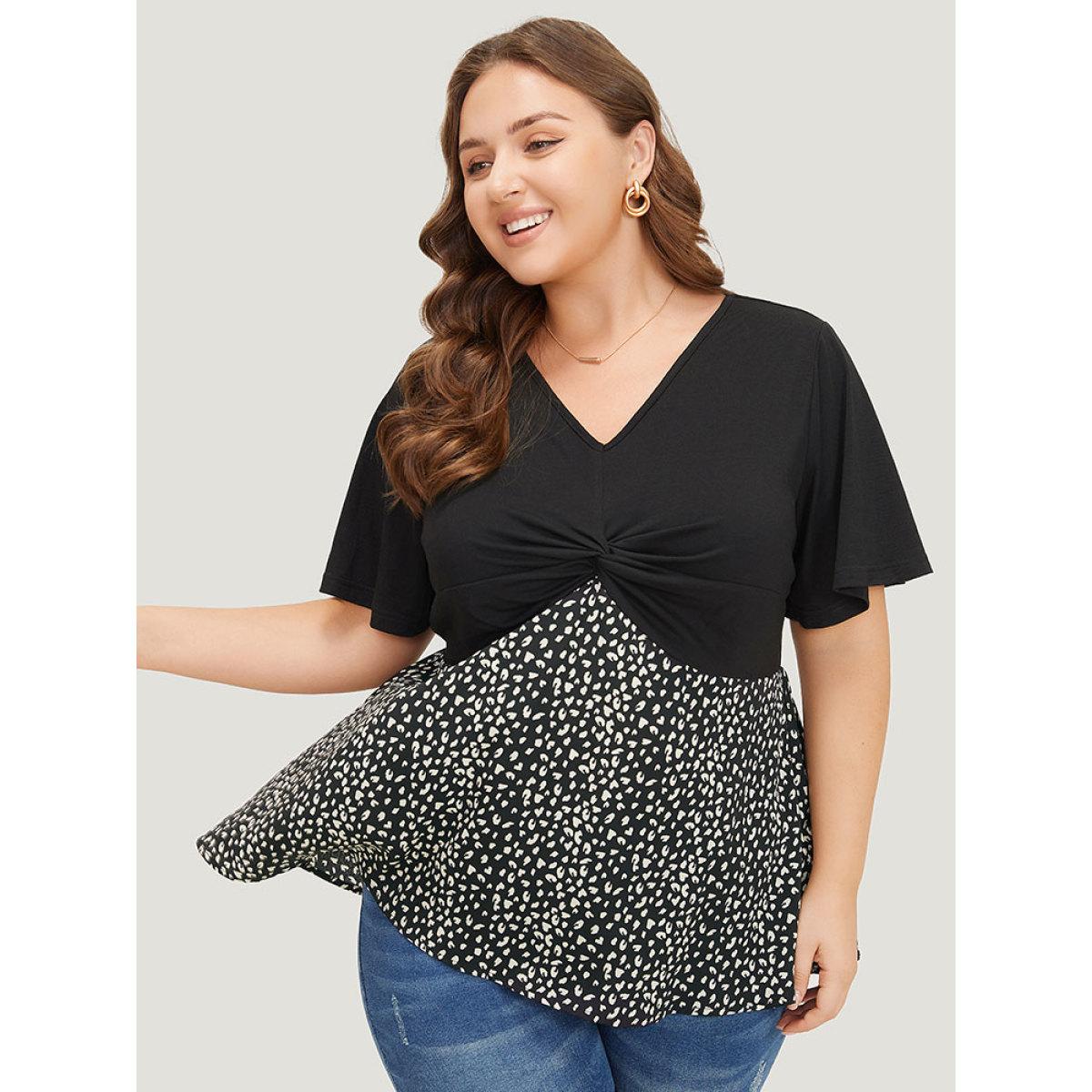 Plus Size Black Leopard Patchwork Twist Ruffle Sleeve Blouse Women Elegant Short sleeve V-neck Dailywear Blouses BloomChic 26/4X Product Image