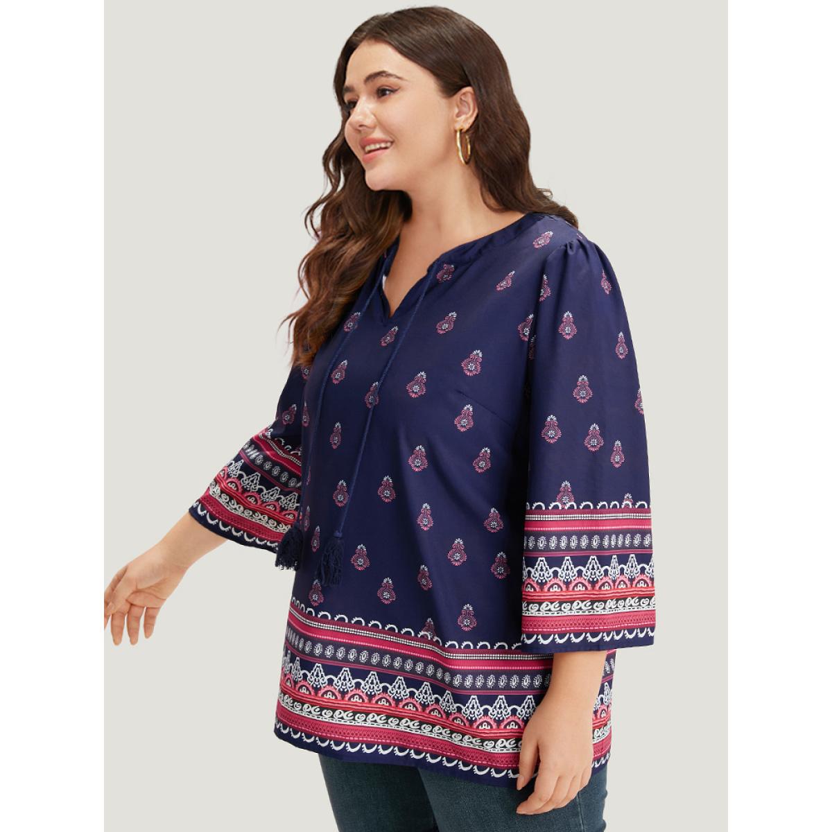 Plus Size Indigo Boho Print Tie Neck Tassel Trim Blouse Women Vacation Elbow-length sleeve V-neck Vacation Blouses BloomChic 14-16/1X Product Image