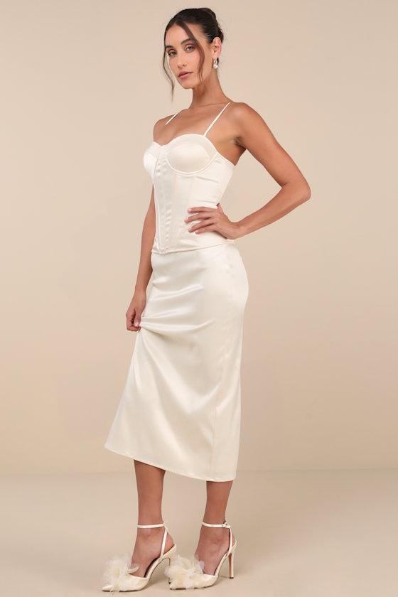 Alluring Duo Cream Satin Bustier Two-Piece Midi Dress Product Image