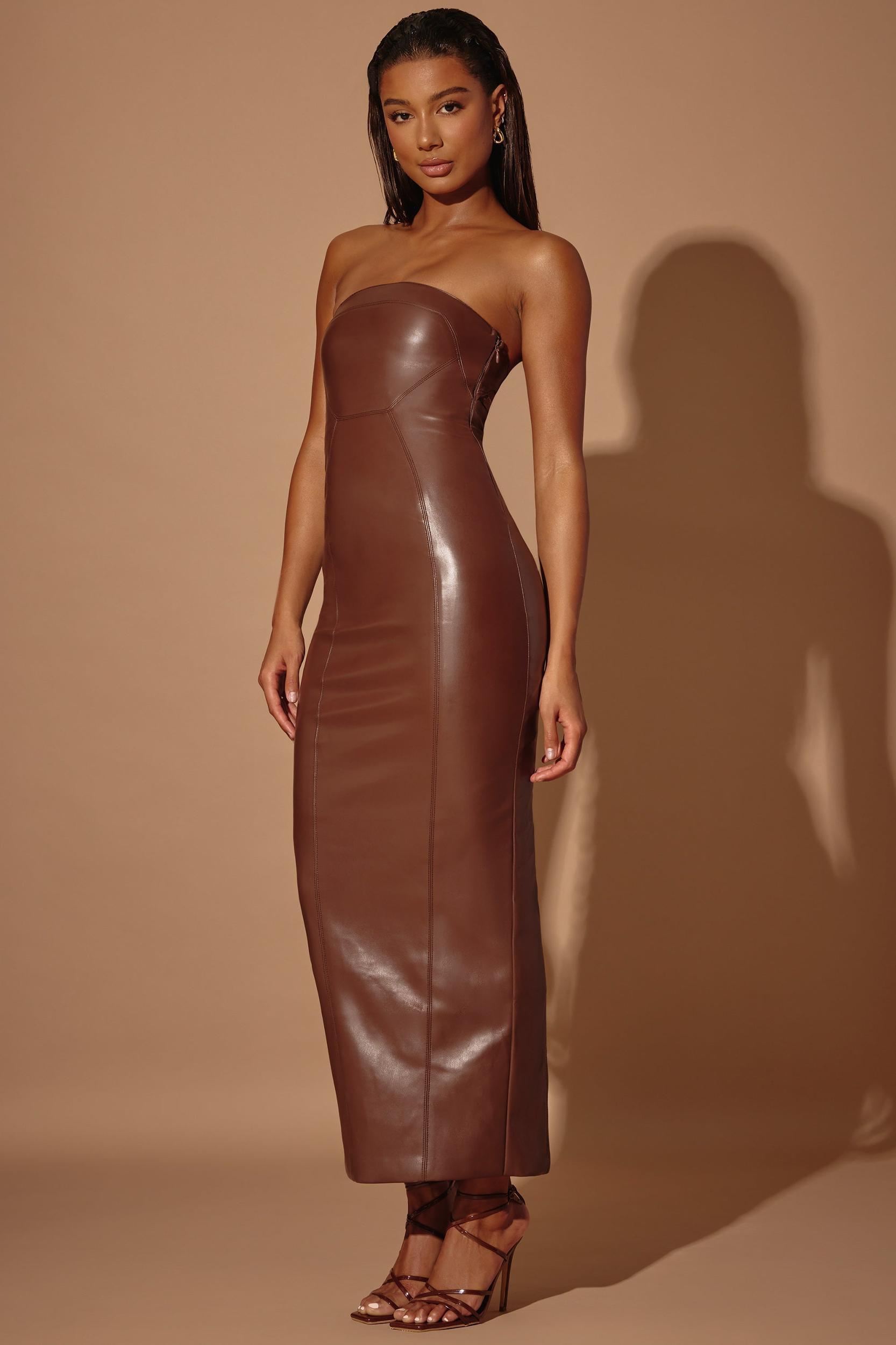 Strapless Vegan Leather Maxi Dress in Brown Product Image