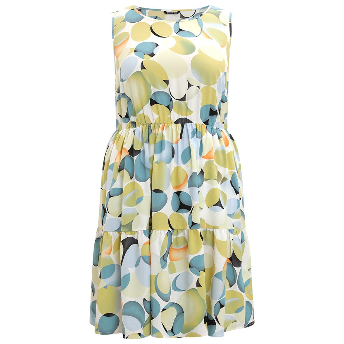 Plus Size Geometric Print Pocket Ruffle Layered Hem Sleeveless Dress YellowGreen Women Elegant Lined Round Neck Sleeveless Curvy Knee Dress BloomChic 14-16/1X Product Image