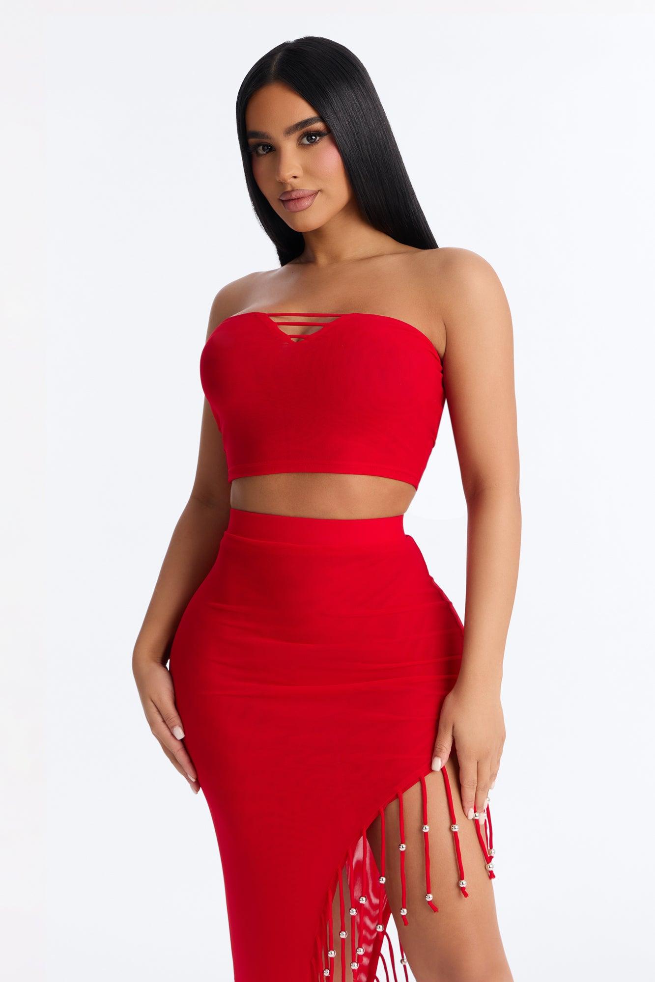 Desiree Beaded Fringe Mesh Skirt Set - Red Female Product Image