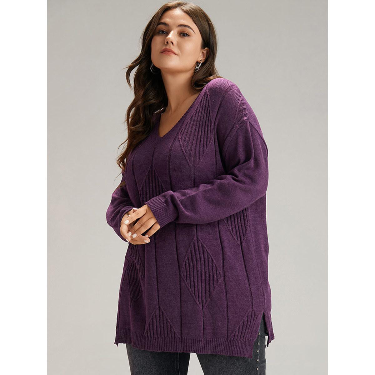 Plus Size Geometric V Neck Split Hem Pullover Purple Women Casual Long Sleeve V-neck Dailywear Pullovers BloomChic 12/L Product Image