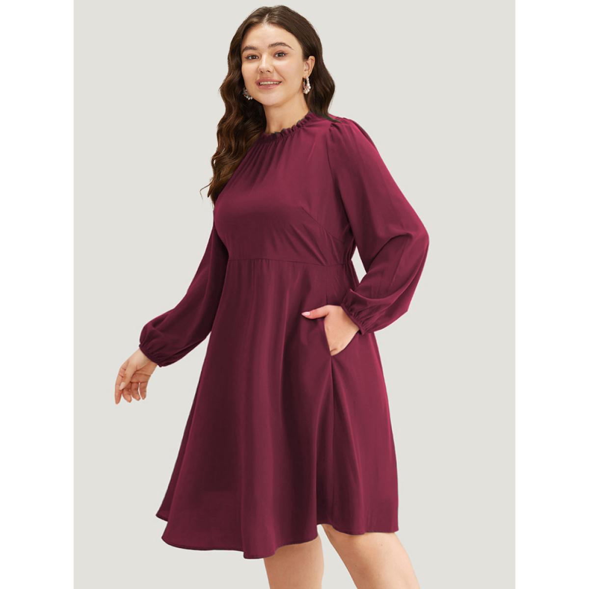 Plus Size Anti-Wrinkle Frill Trim Elastic Cuffs Dress DarkGreen Women Office Elastic cuffs Mock Neck Long Sleeve Curvy Midi Dress BloomChic 10/M Product Image