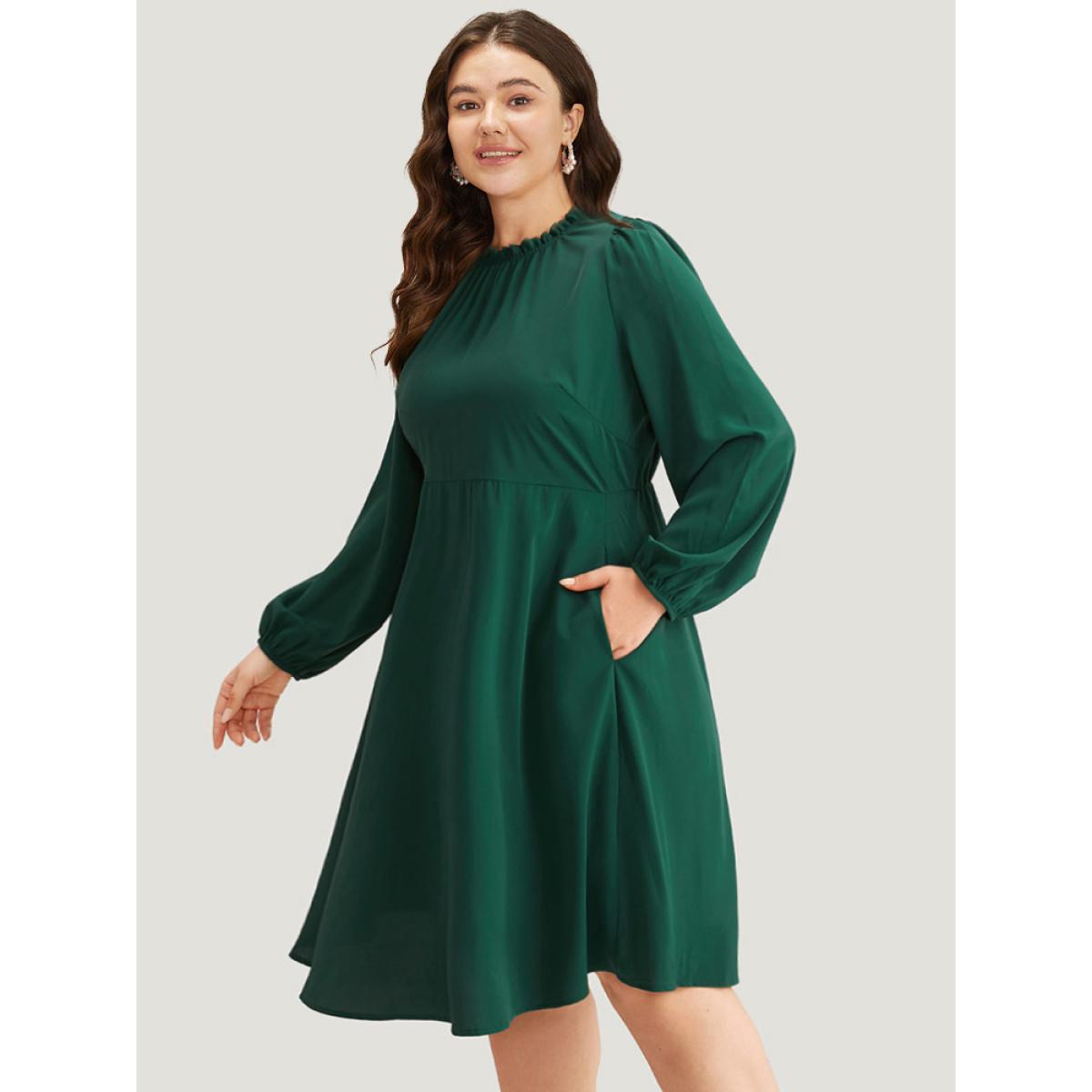 Plus Size Anti-Wrinkle Frill Trim Elastic Cuffs Dress DarkGreen Women Office Elastic cuffs Mock Neck Long Sleeve Curvy Midi Dress BloomChic 10/M Product Image