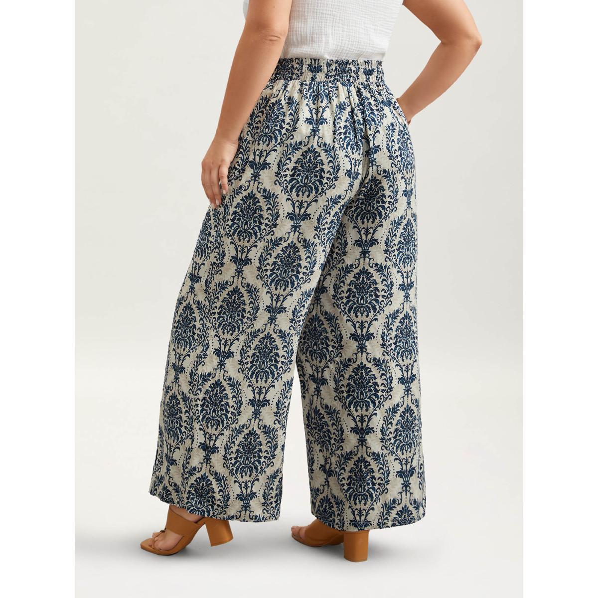 Plus Size Damask Print Tassel Straight-Leg Pants Women DarkBlue Boho Wide Leg Mid Rise Vacation Pants BloomChic 30/6X Product Image