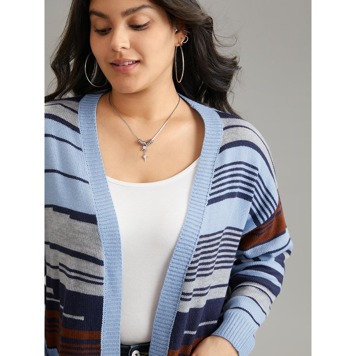 Plus Size Jacquard Asymmetrical Colorblock Contrast Cardigan Stone Women Casual Loose Long Sleeve Dailywear Cardigans BloomChic 10/M Product Image