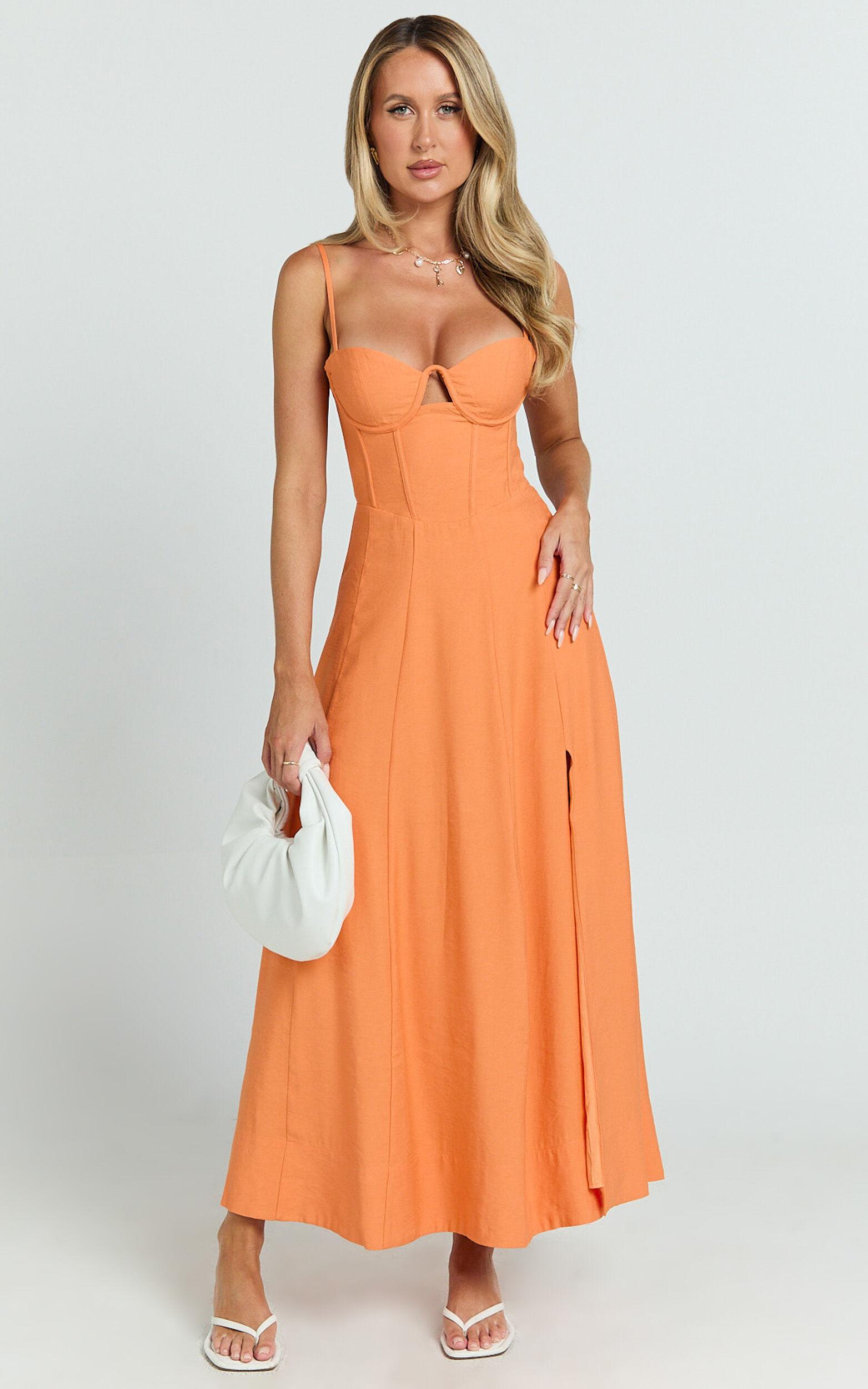 Amalie The Label - Ray Corset Panel Tie Back Midi Linen Blend Dress in Orange Product Image