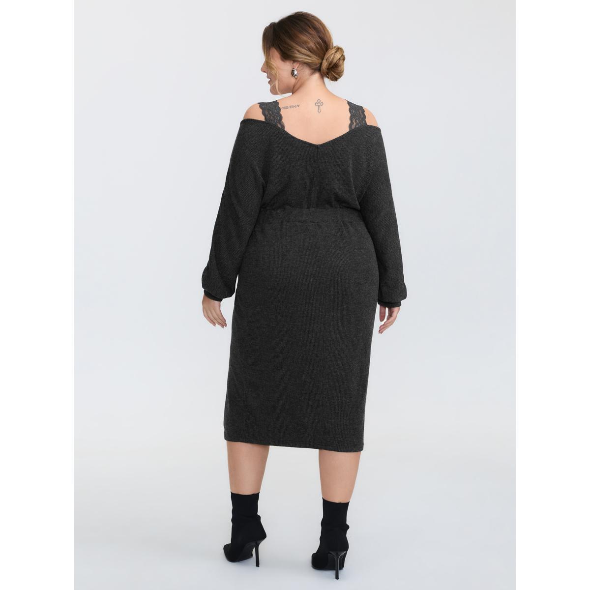 Plus Size Lace Trim Off-Shoulder Split Hem Midi Dress DarkGray Women Retro Overlap Collar Extra Long Sleeve Curvy BloomChic 30/6X Product Image