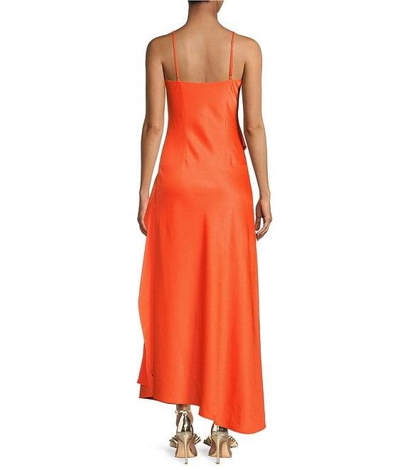 Gianni Bini Quinn Ruffle Draped V-Neck Sleeveless Satin Dress Product Image