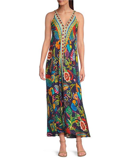 JOHNNY WAS Eva Floral Scarf Print Double V-Neck Sleeveless A-line Maxi Dress Product Image