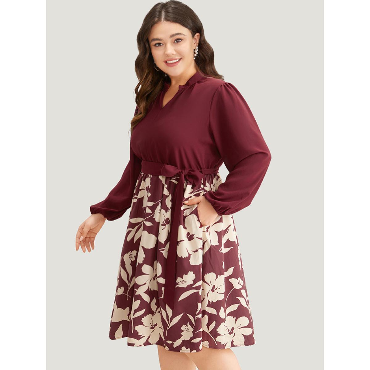 Plus Size Silhouette Floral Print Belted Pleated Dress Scarlet Women Office Elastic cuffs Notched collar Long Sleeve Curvy Knee Dress BloomChic 14-16/1X Product Image