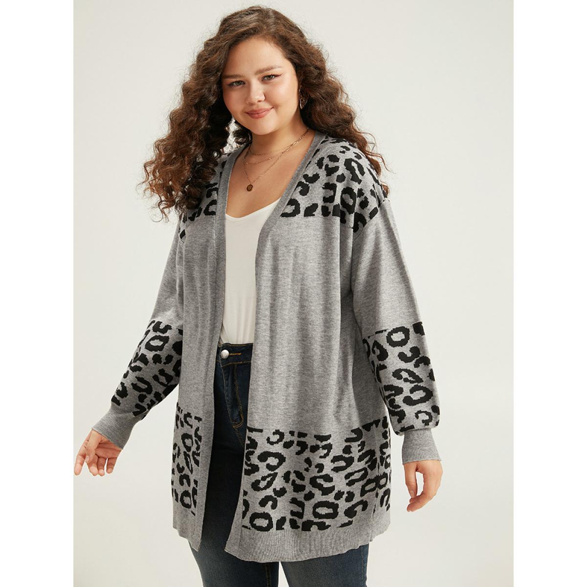 Plus Size Supersoft Essentials Leopard Contrast Elastic Cuffs Pullover DarkGray Women Casual Loose Long Sleeve Dailywear Cardigans BloomChic 28/5X Product Image