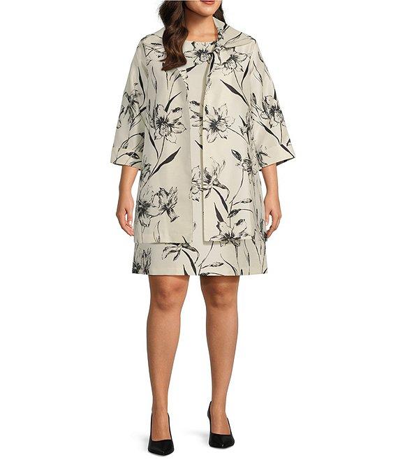 Caroline Rose Plus Size Garden Glamour Floral Print Notch Collar 3/4 Sleeve Open-Front Statement Jacket Product Image