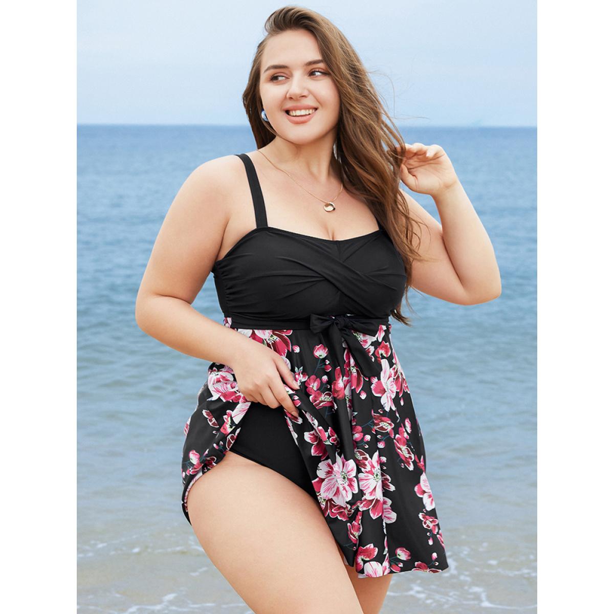 Plus Size Floral Print Knotted Twist Front A Line Swim Dress Women's Swimwear Black Vacation Bodycon High stretch Curve Swim Dresses BloomChic 18-20/2X Product Image