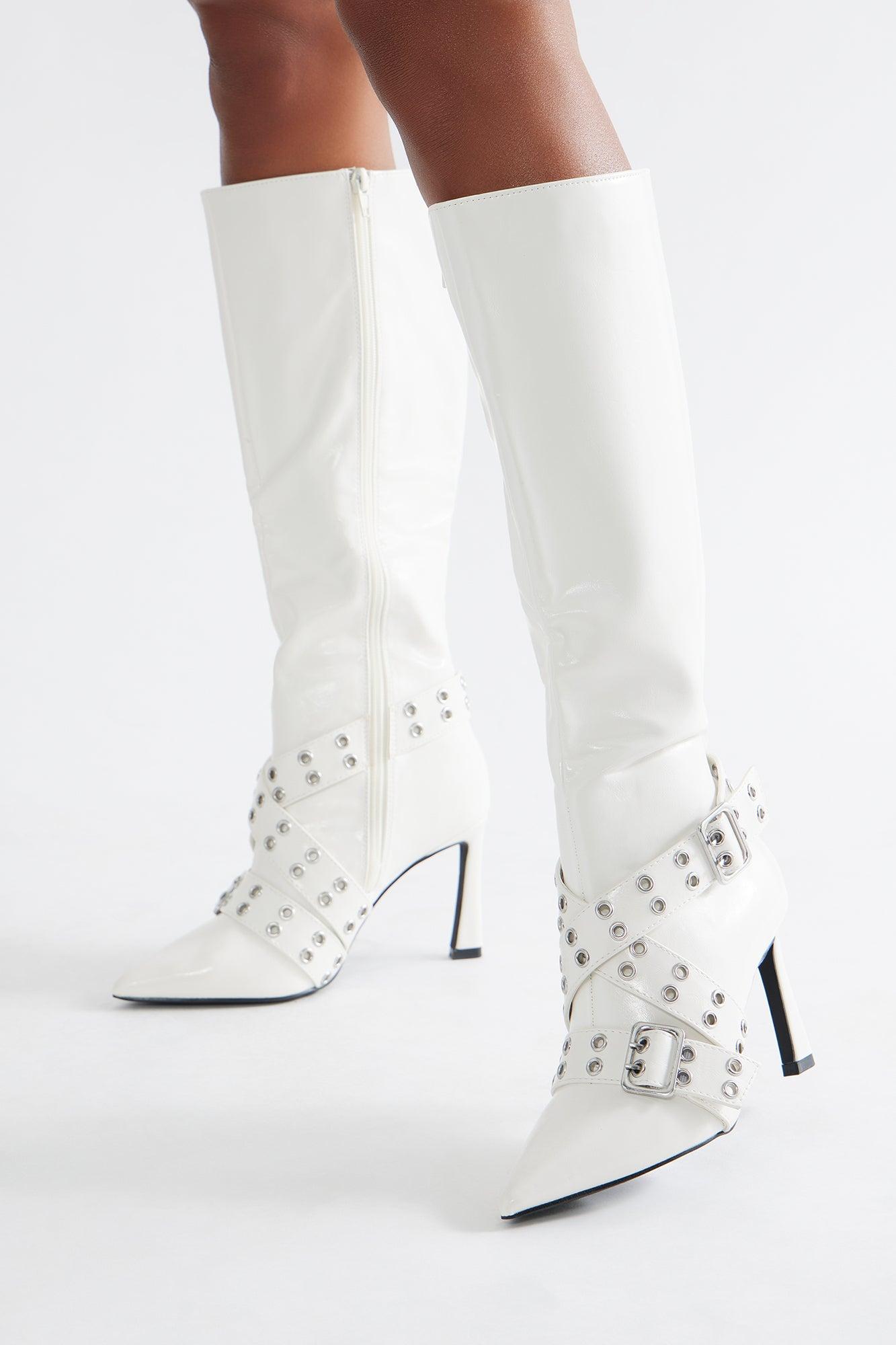 Olive Buckle Knee High Boots - White Female Product Image