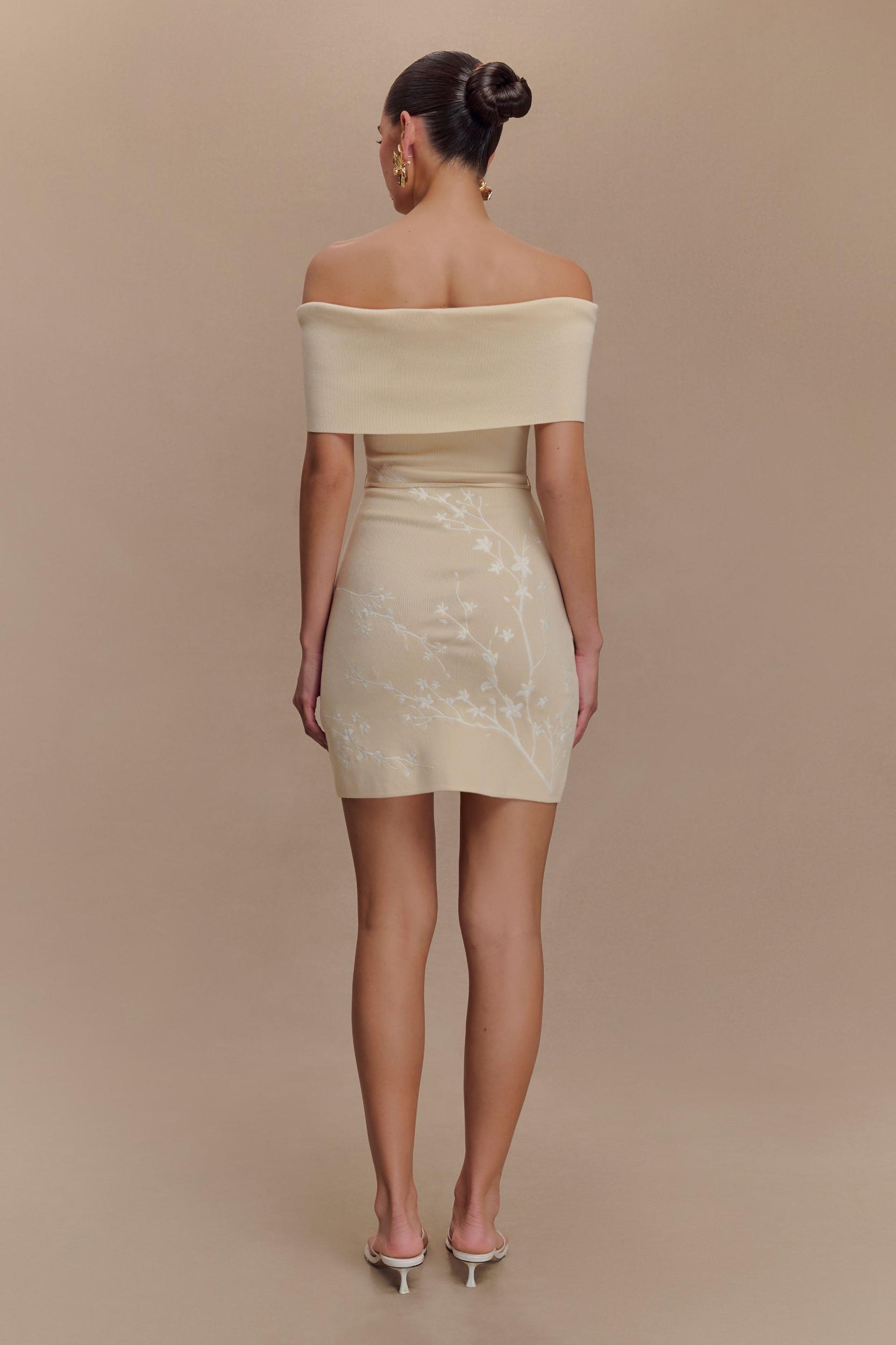 Mallory Off Shoulder Embroidered Knit Mini Dress - Cream And Ivory Product Image