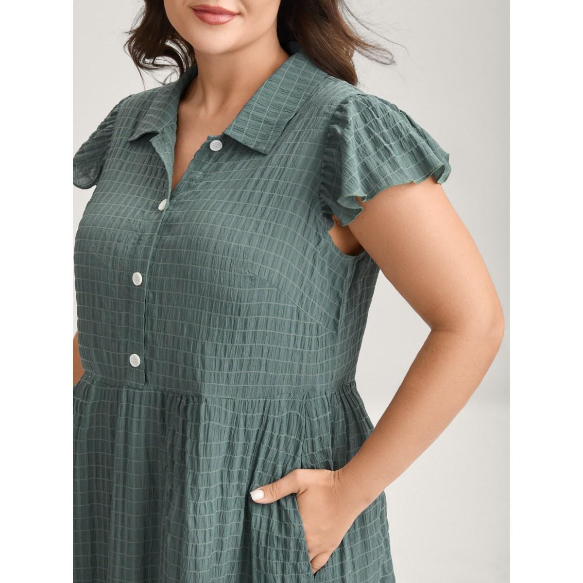 Plus Size Textured Pockets Collar Flutter Sleeve Midi Dress Moss Women Leisure Shirt collar Cap Sleeve Curvy BloomChic 28/5X Product Image