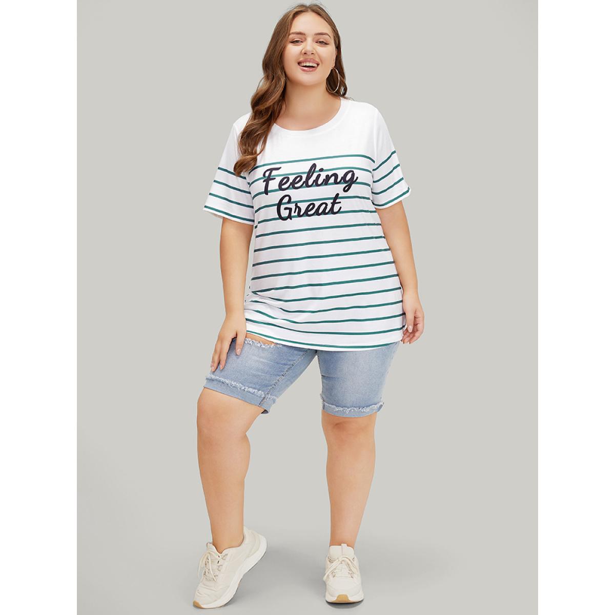 Plus Size Striped & Slogans Print Crew Neck T-shirt White Women Casual Positive slogan Dailywear T-shirts BloomChic 28/5X Product Image