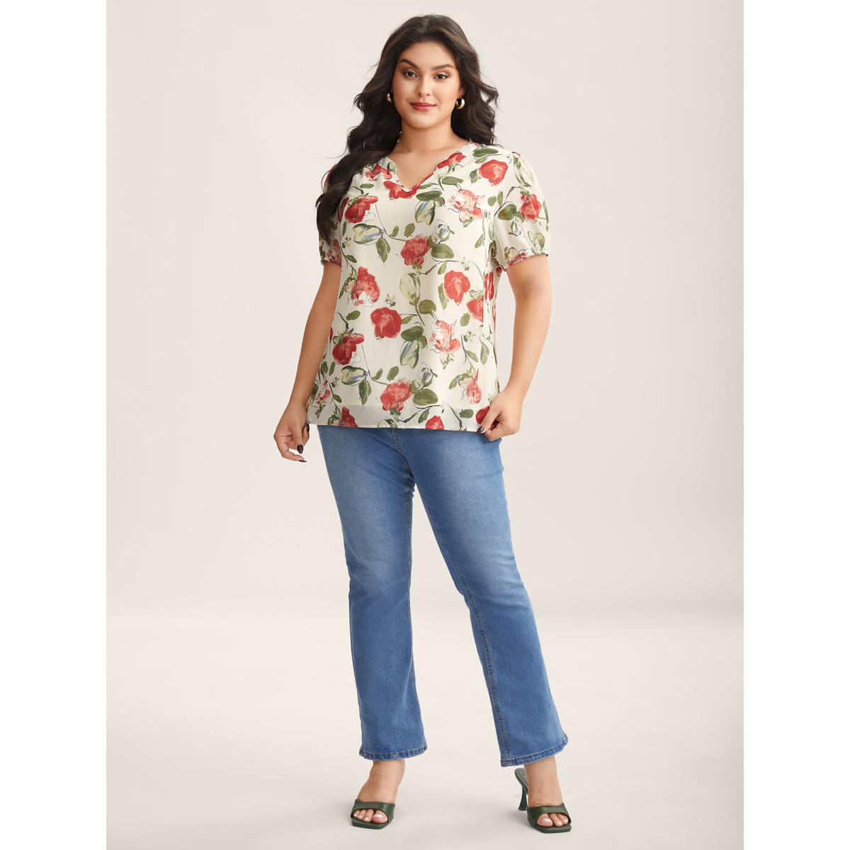 Plus Size Ivory Rosy Print Sheer Notched Collar Blouse Women Short sleeve Flat collar with V-notch Everyday-Elegant Blouses BloomChic 18-20/2X Product Image