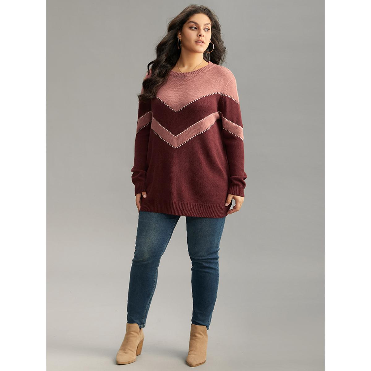 Plus Size Colorblock Contrast Round Neck Pullover Burgundy Women Casual Loose Long Sleeve Round Neck Dailywear Pullovers BloomChic 30/6X Product Image