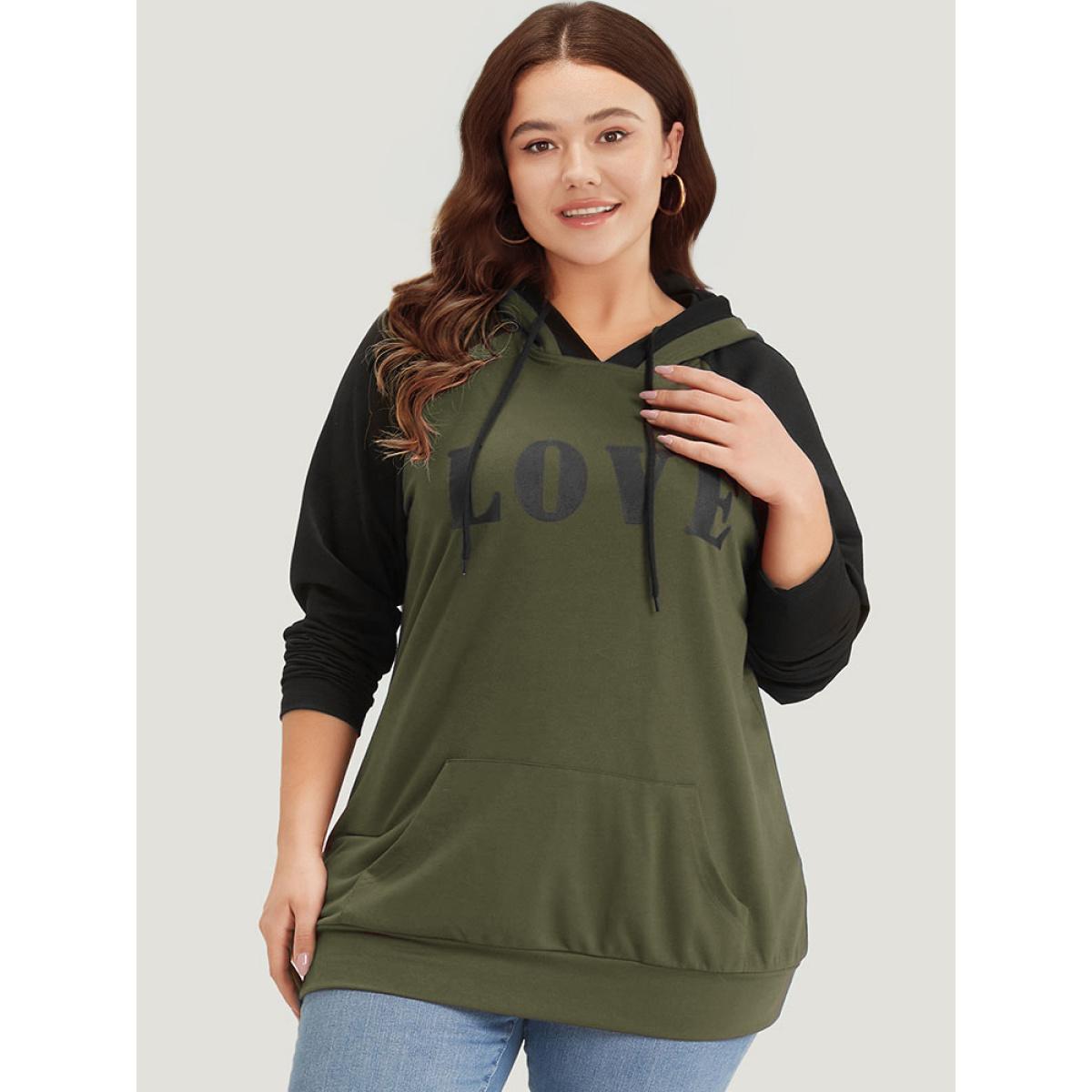 Plus Size Letter Print Contrast Hooded Pocket Drawstring Sweatshirt Women ArmyGreen Casual Elastic cuffs Dailywear Sweatshirts BloomChic 30/6X Product Image