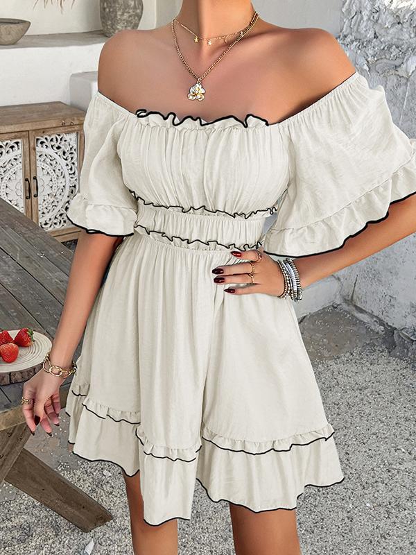 A-line High Waisted Elasticity Pleated Ruffle Trim Solid Color Square-neck Mini Dresses Product Image