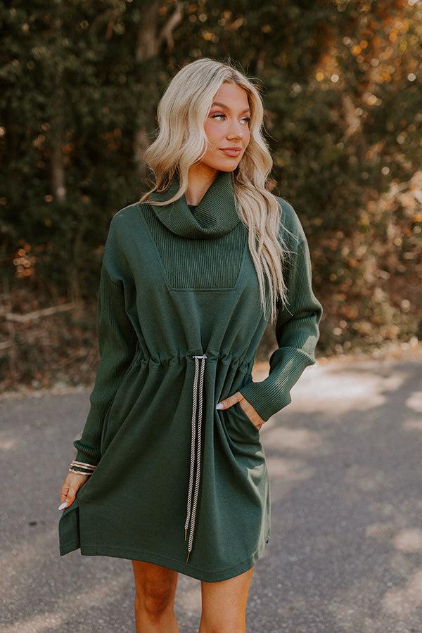 Coffee Shop Cutie Drawstring Mini Dress in Hunter Green Product Image