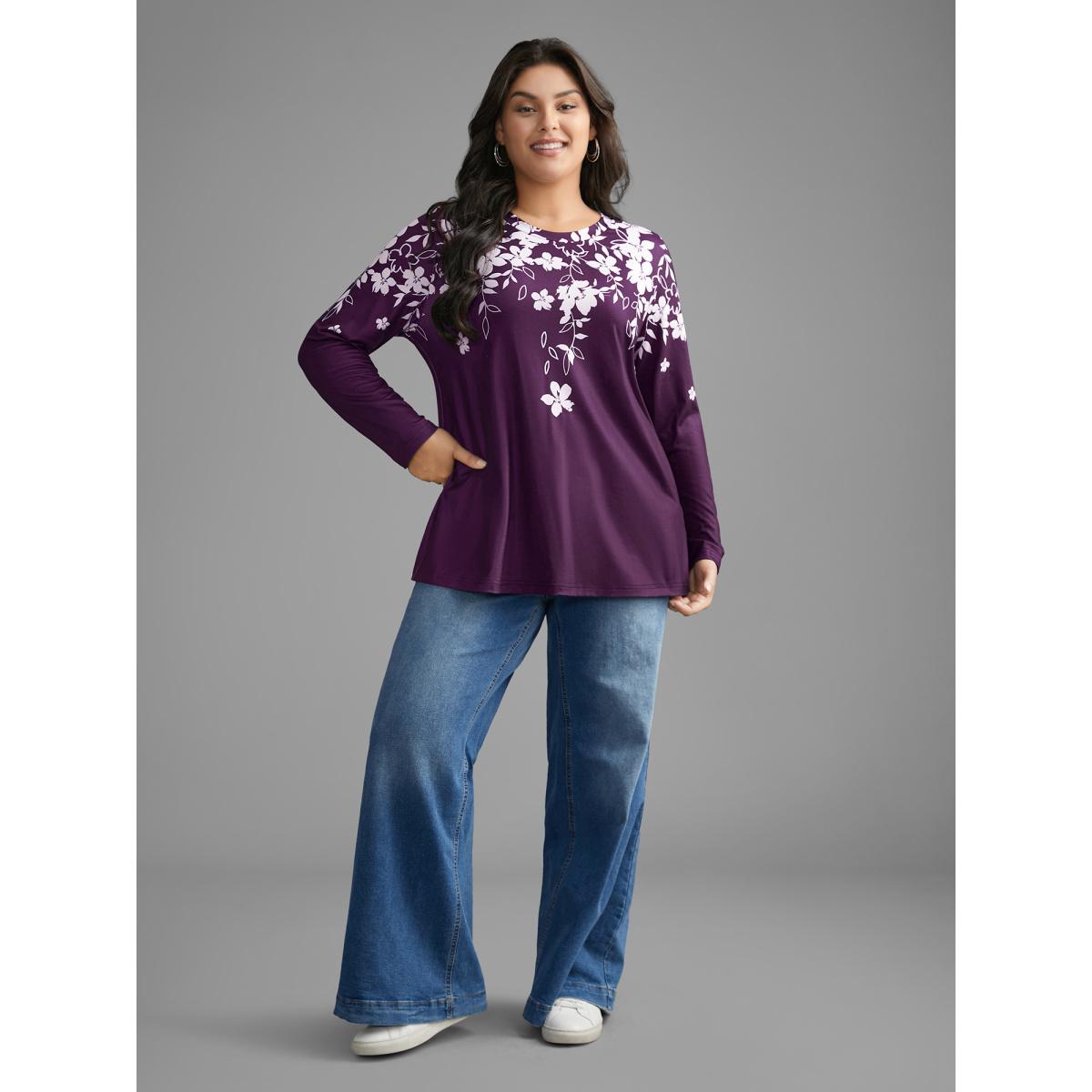 Plus Size Round Neck Boho Print T-Shirt Eggplant Women Casual Contrast Natural Flowers Round Neck Everyday T-shirts BloomChic 26/4X Product Image