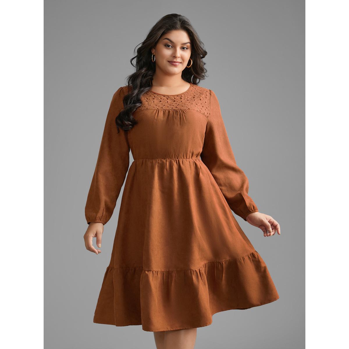 Plus Size Faux Suede Lace Panel Lantern Sleeve Dress Yellowishbrown Women Timeless Texture Round Neck Long Sleeve Curvy BloomChic 30/6X Product Image