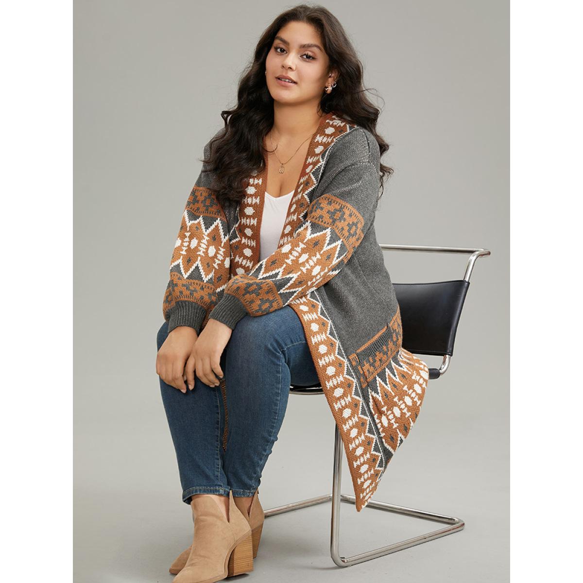 Plus Size Contrast Geometric Pocket Open Front Cardigan DimGray Women Casual Loose Long Sleeve Dailywear Cardigans BloomChic 12/L Product Image