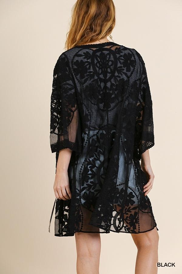 1136   ReeAnn Floral Lace Kimono w/ Waist Tie - Reg & Plus Product Image