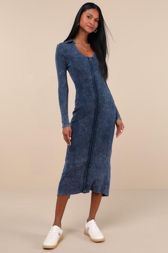 Effortlessly Pristine Washed Navy Ribbed Long Sleeve Midi Dress Product Image
