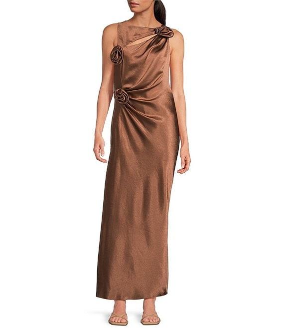Gianni Bini Cheyanne Satin 3D Rosettes Cutout Round Neck Sleeveless Ruched Slip Maxi Dress Product Image